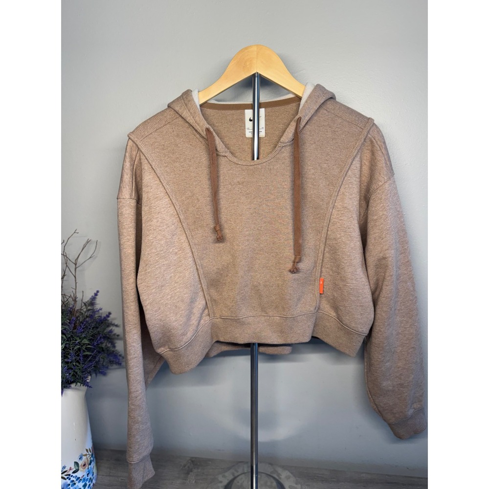 Nike Sportswear Women Ribbed Cropped Hoodie Tan Heather Fleece Lined XS